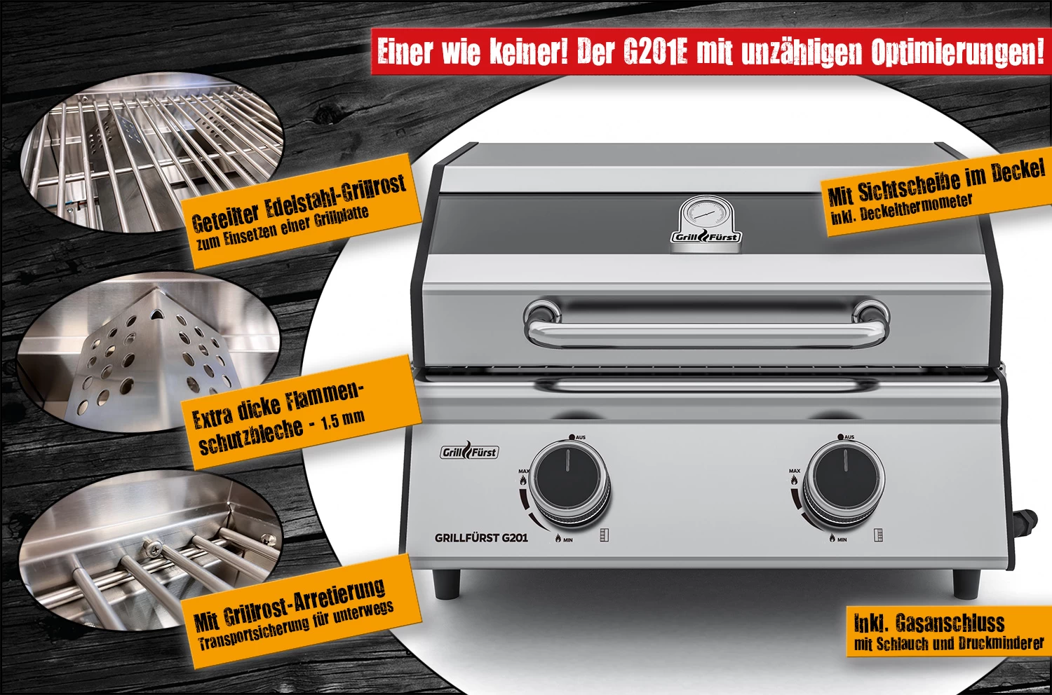 Grillfürst G201E 2-Brenner Gasgrill Portabel V2 - Campinggrill / Balkongrill 50mbar - Inkl. Untergestell