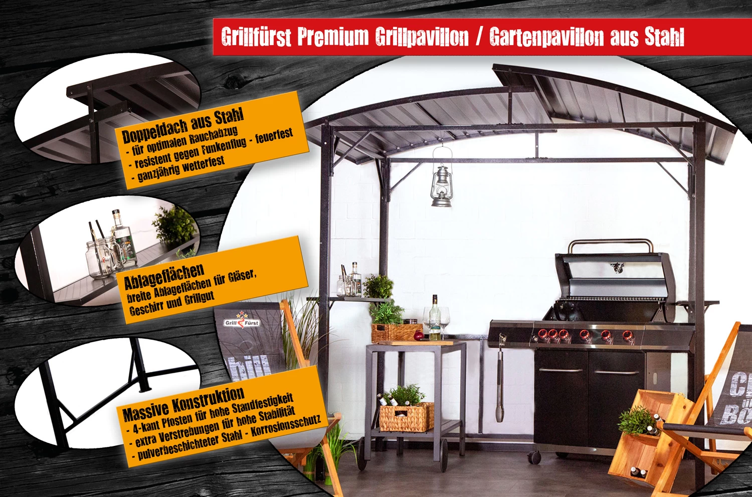 Grillfürst Premium Grillpavillon Aus Stahl Mit Wetterfestem Metalldach Und Ablageflächen – Bild 2